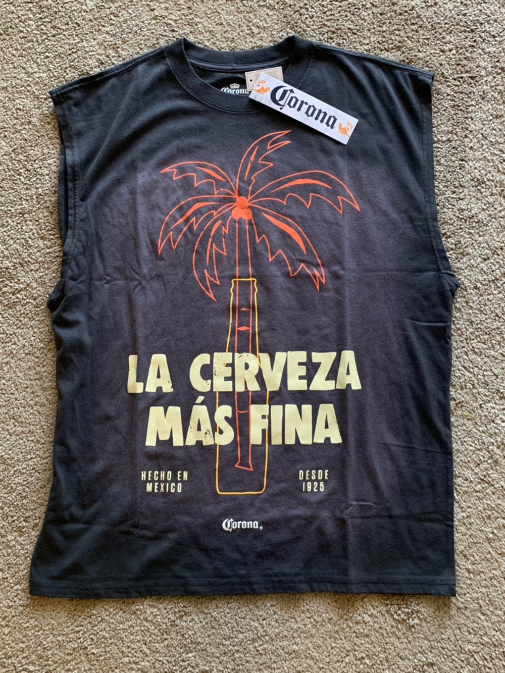 Corona Black Tank with Yellow and Orange Palm Bottle Graphic